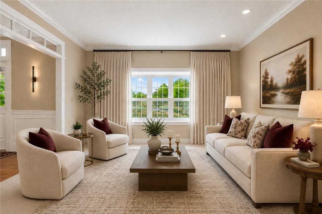 The digital staging of this room provides scale and potential design ideas