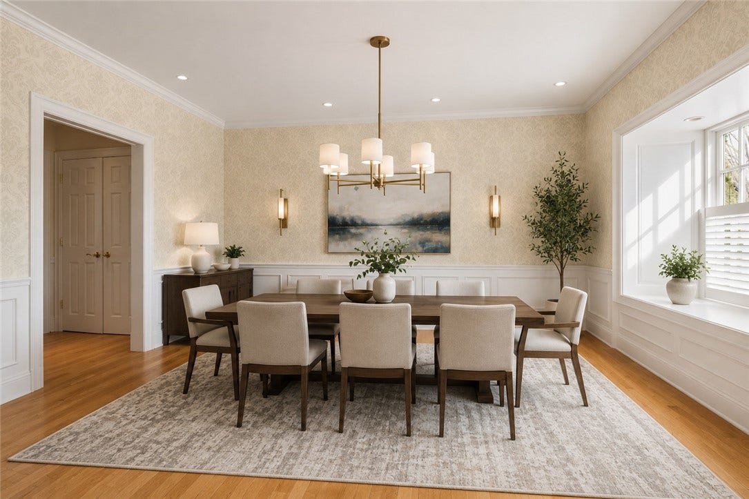 The digital staging of this room provides scale and potential design ideas.