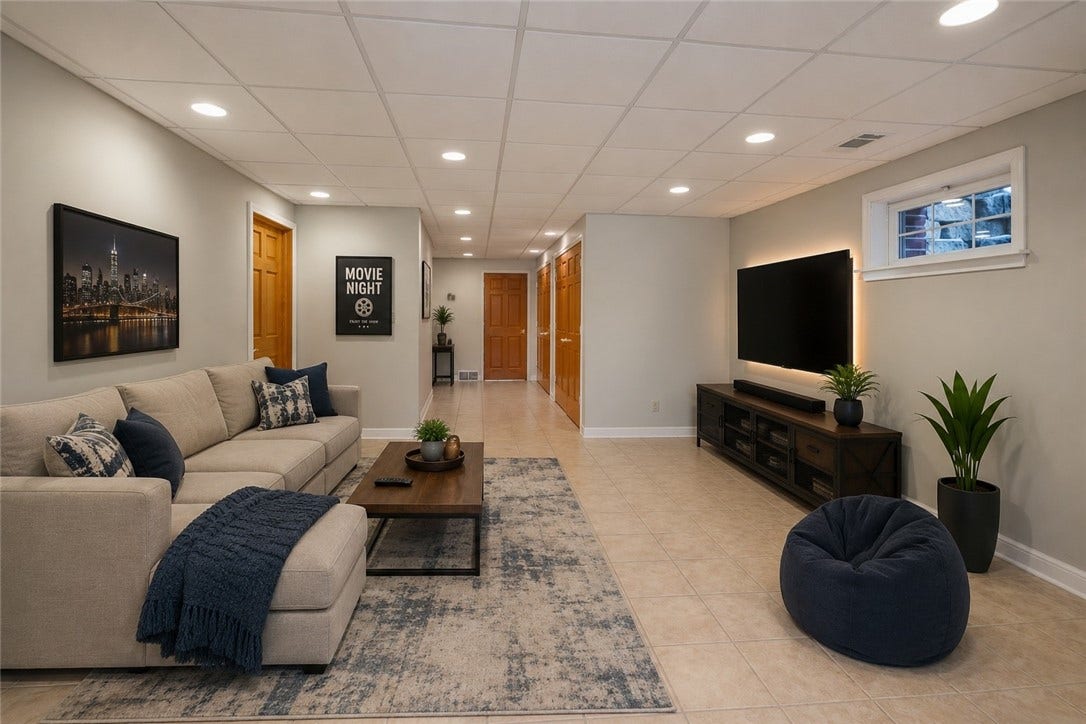 Potential basement usage. The digital staging of this picture provides scale as well as potential design ideas.