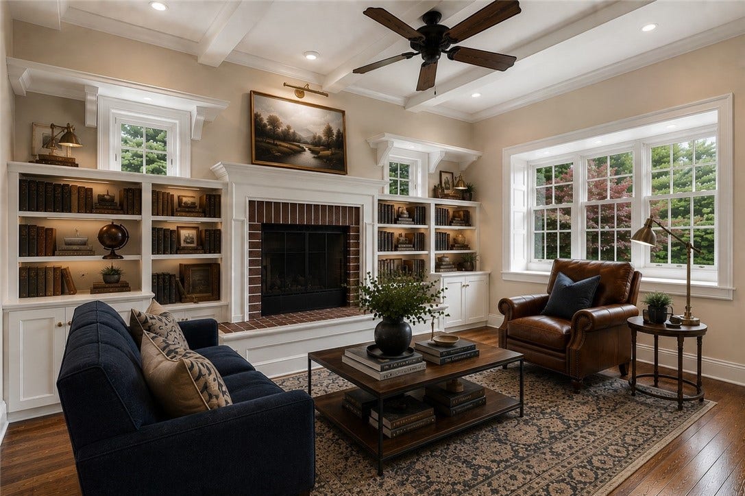 The digital staging of this room provides scale as well as potential design ideas.