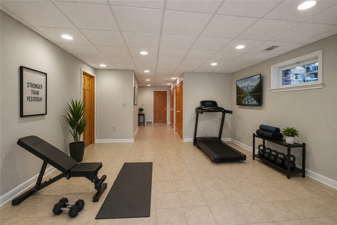 Potential basement usage. The digital staging of this picture provides scale as well as potential design ideas.