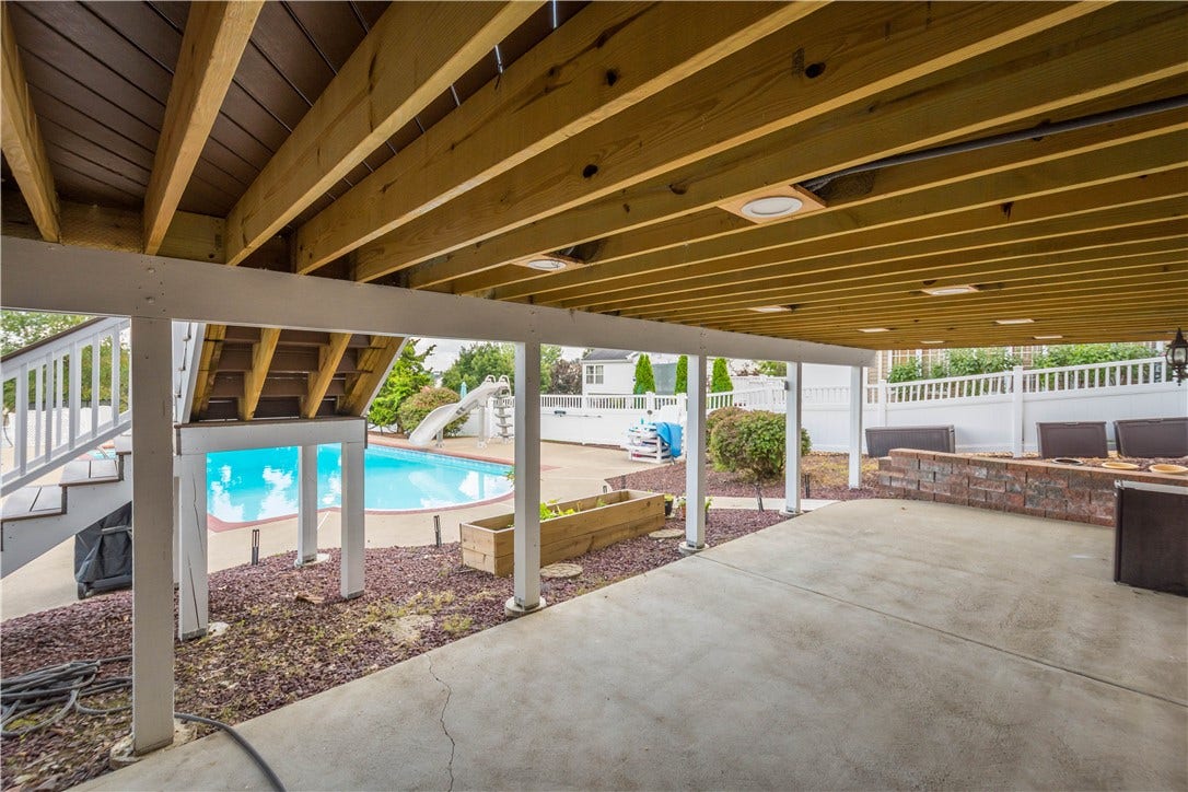 covered patio with view of the pool