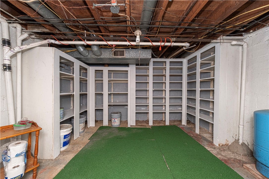 This basement storage room was used for storing canned goods.  There's also a Pittsburgh Potty in here.  On the right you can see the (blue) pump for the spring water.