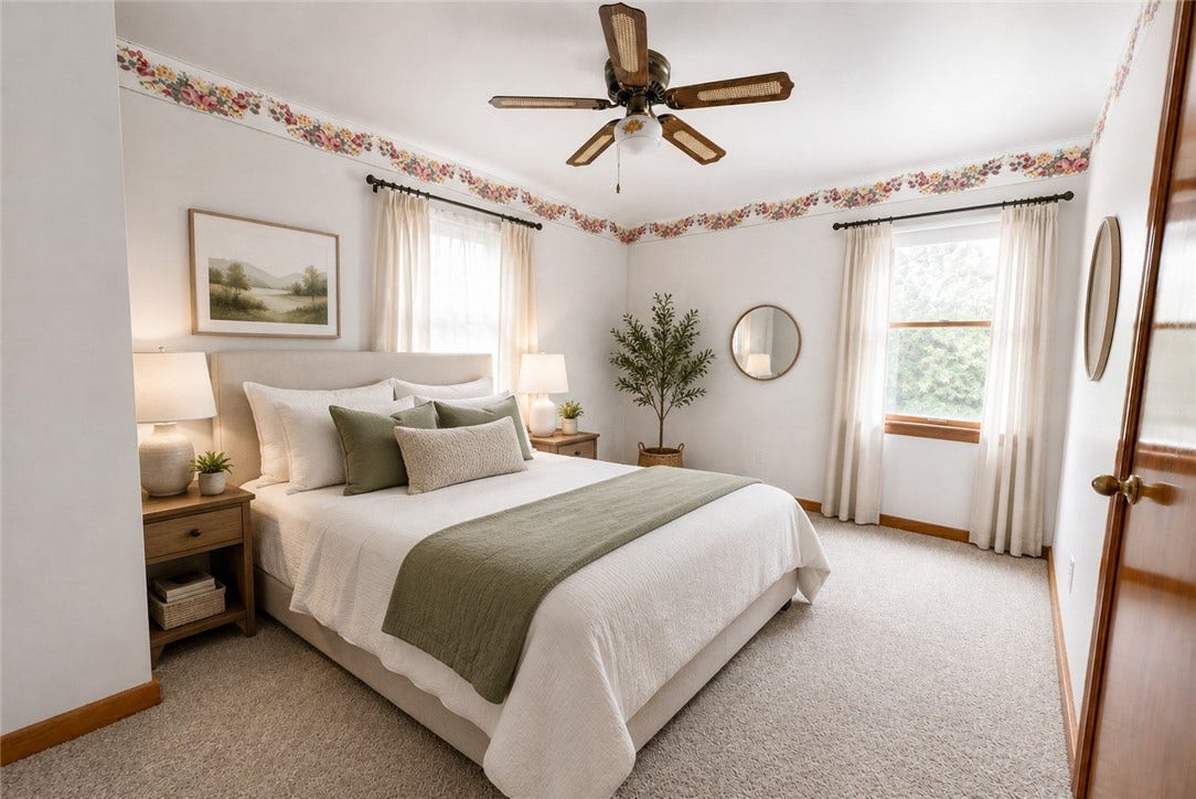 Virtually staged primary bedroom with wall to wall carpets