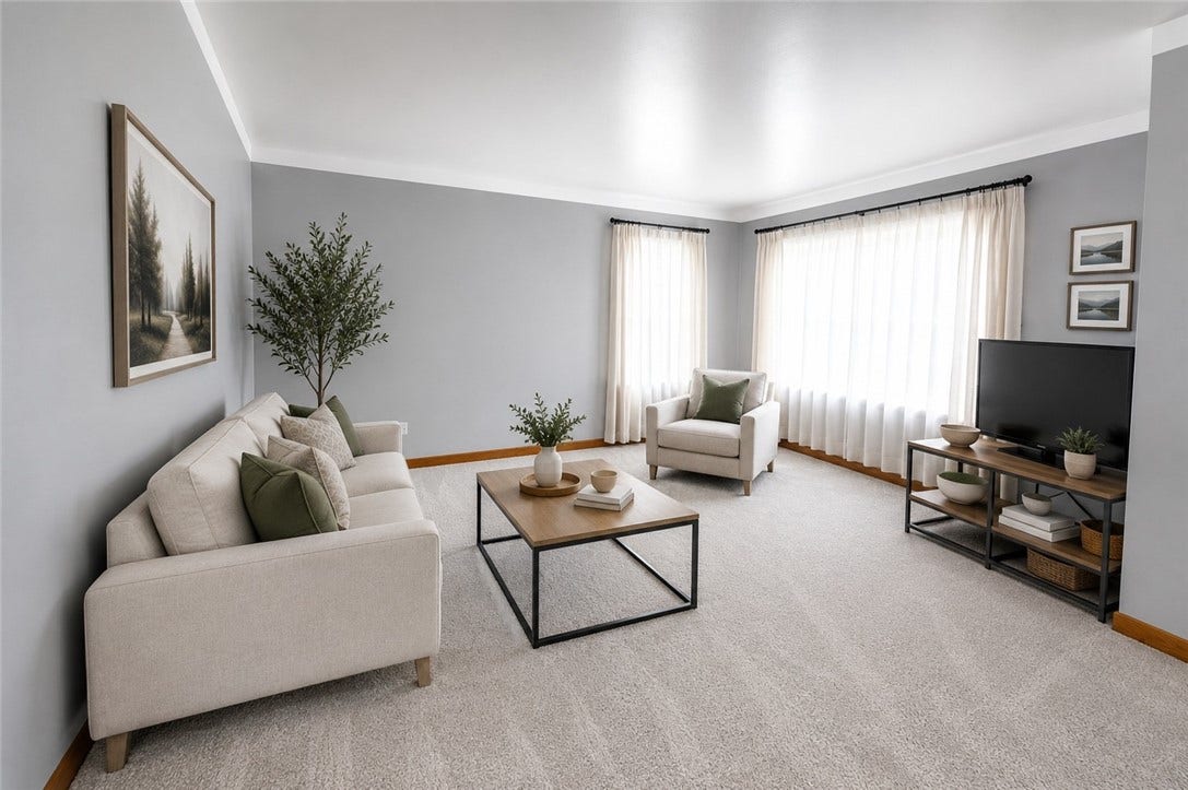 Virtually staged living room 17x15