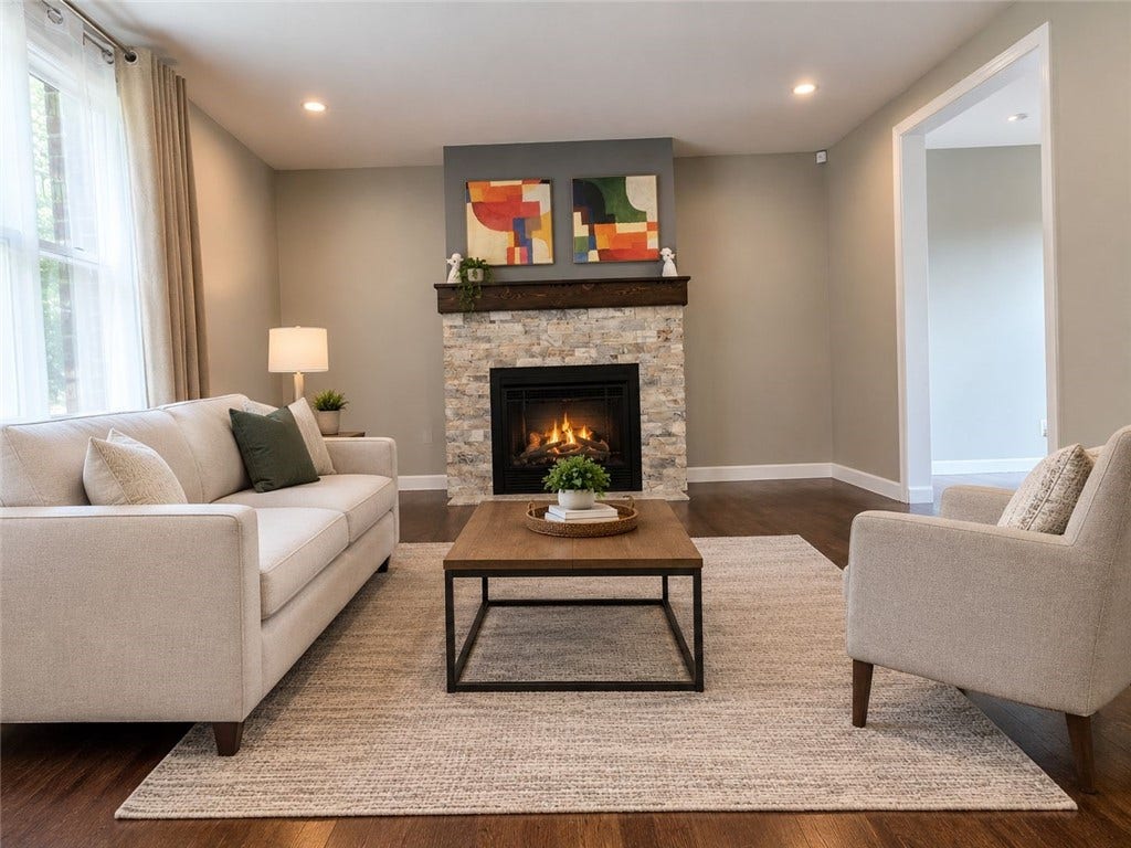 3941 Drexel, Pittsburgh, PA 15212 Virtually staged! bright living room highlighted by a handsome light-toned stone veneer fireplace with a wood mantel.