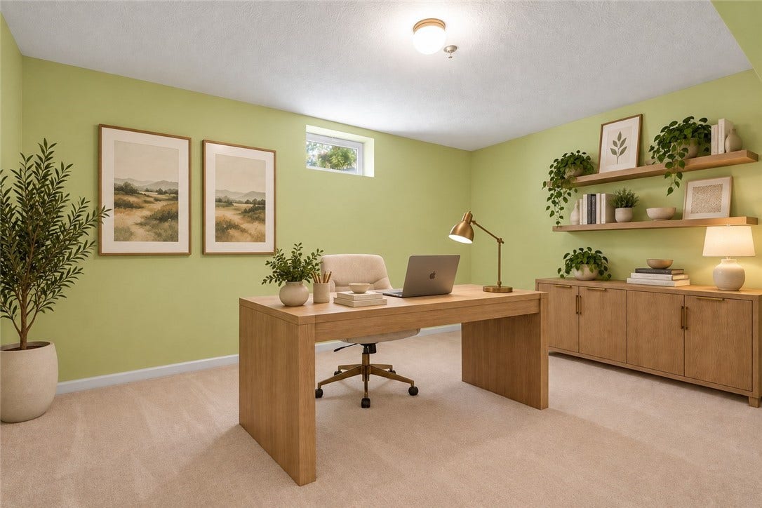 The lower level offers additional flex space. How aobout a home office, or maybe a gym? The choice is yours. Staged for a home office.