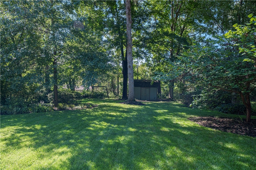 Large, tabletop flat backyard with plenty of usable space and a storage shed.