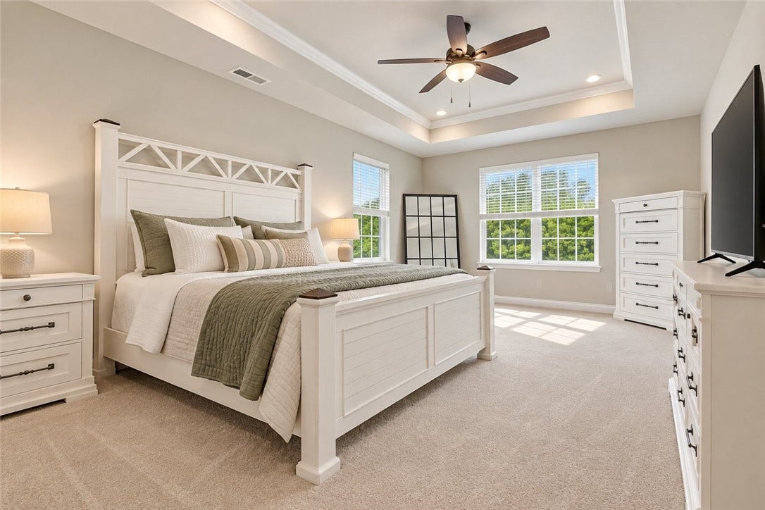 Master Bedroom with tray ceiling, recessed lighting, Crown molding