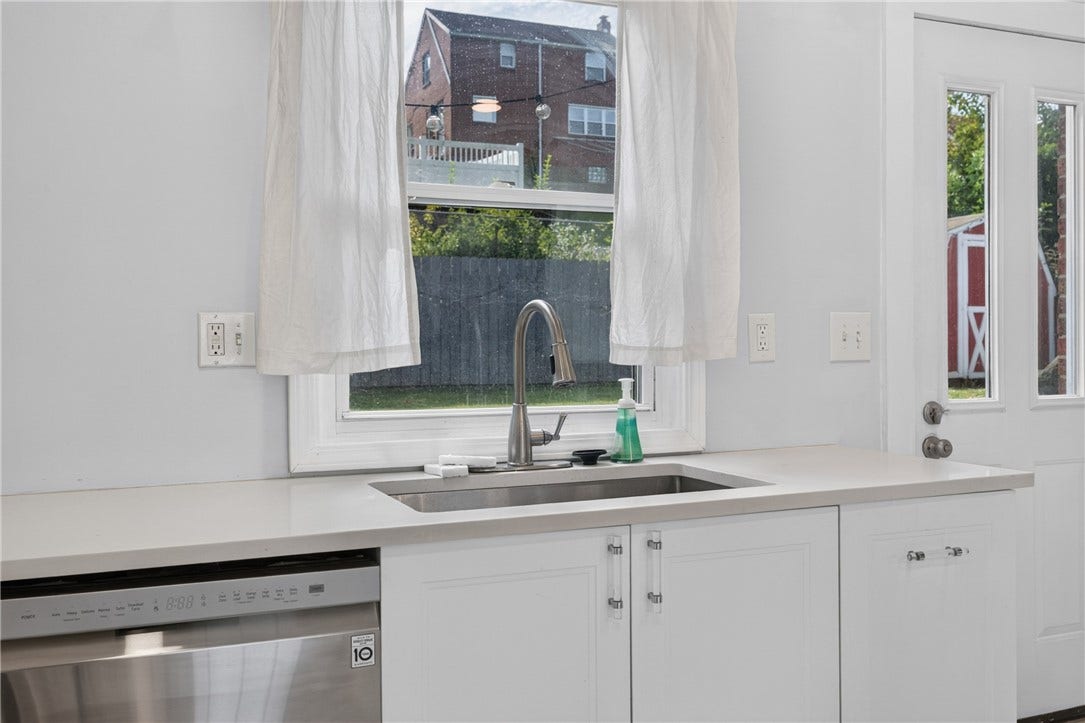 Kitchen culinary sink, overlooking back yard
