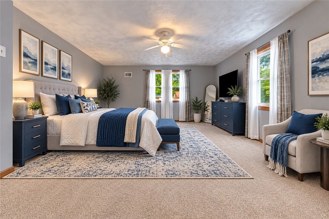 Virtual staging of the primary bedroom to show the huge amount of space!