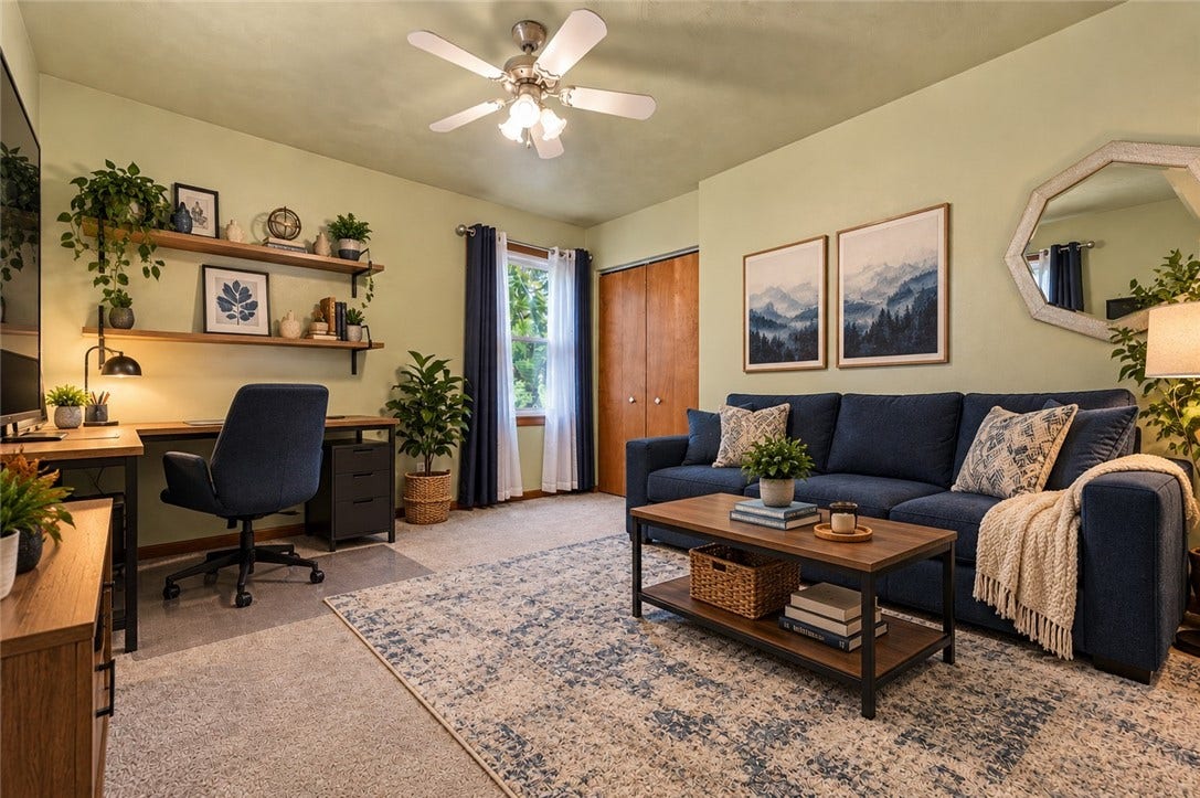 Virtual staging to show an office/den combo area!