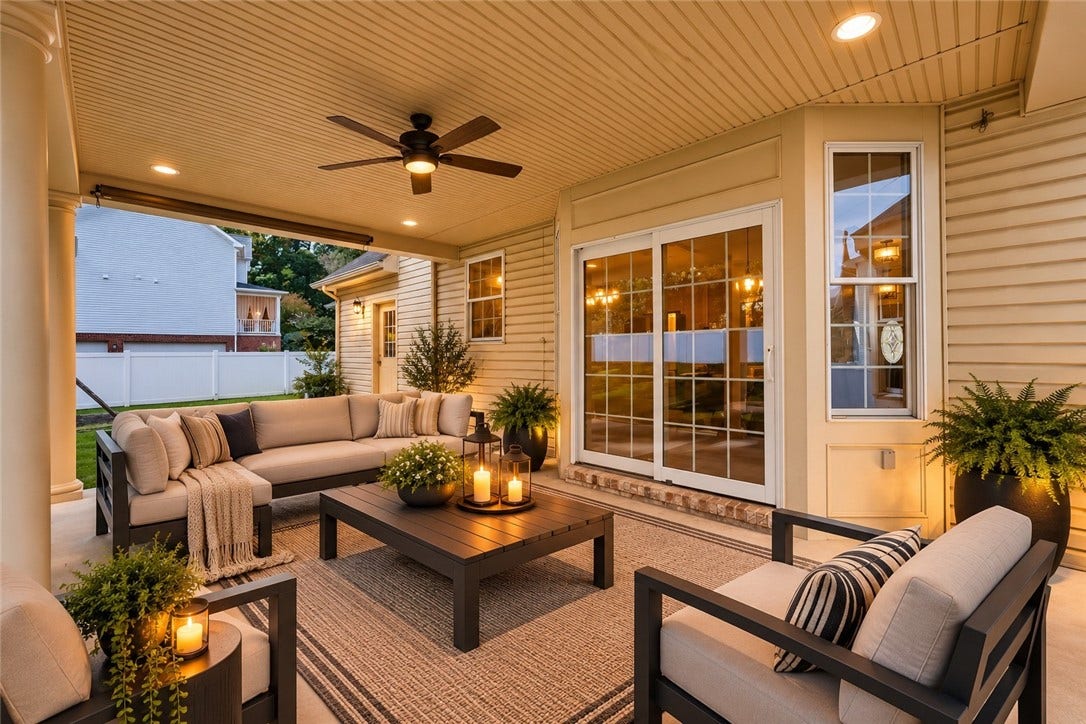 Imagine hanging out on the covered, back patio in the evening and enjoying the outdoors! This photo has been digitally staged to inspire decorating ideas.