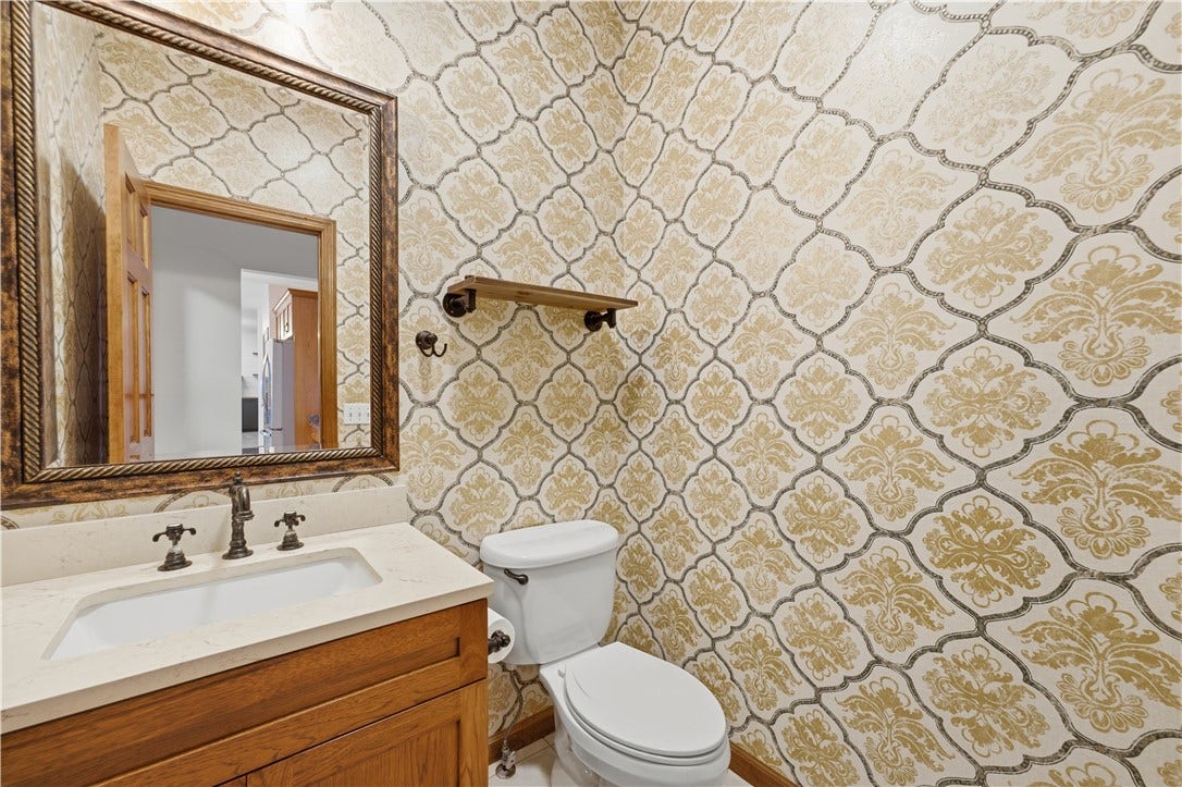 Main Floor Powder Room with tasteful wallpaper