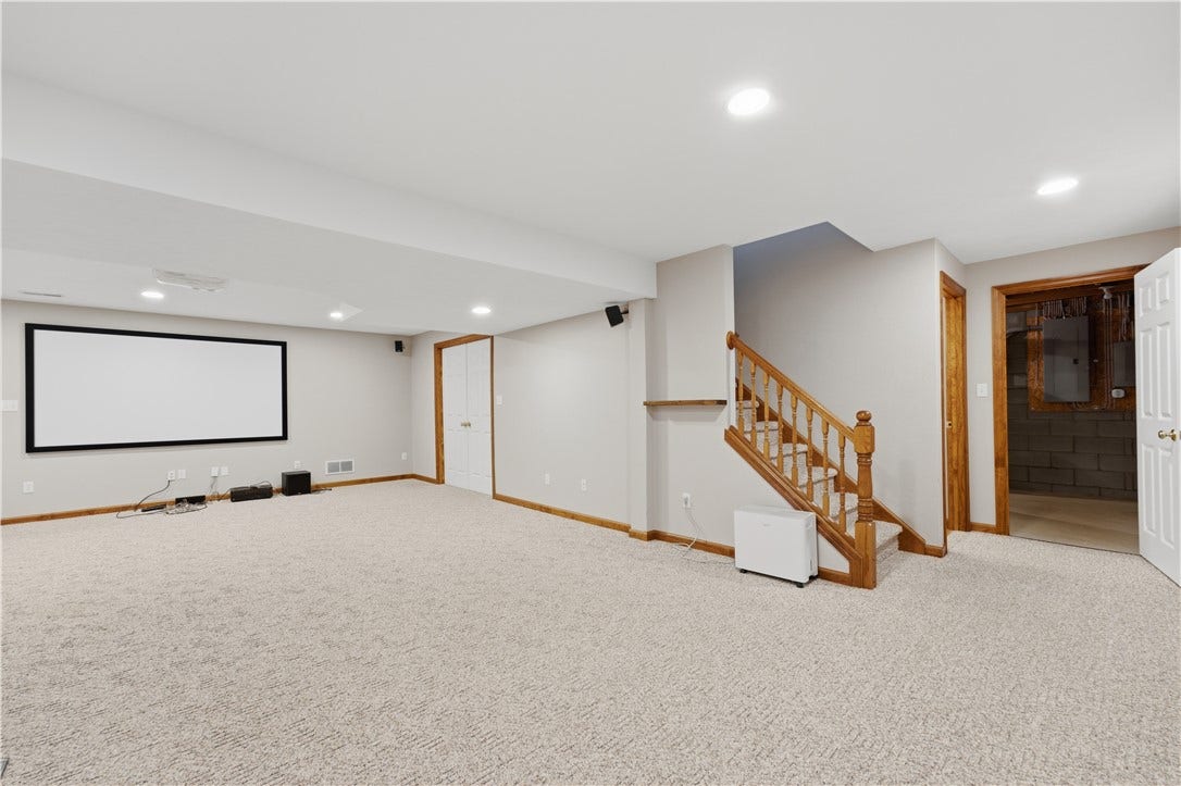 The Basement Game Room is approximately 19'x27' and features a very nice dry bar area, fireplace, tons of room for furniture, recessed lighting, and even a projection screen and projector! What an entertainment room!