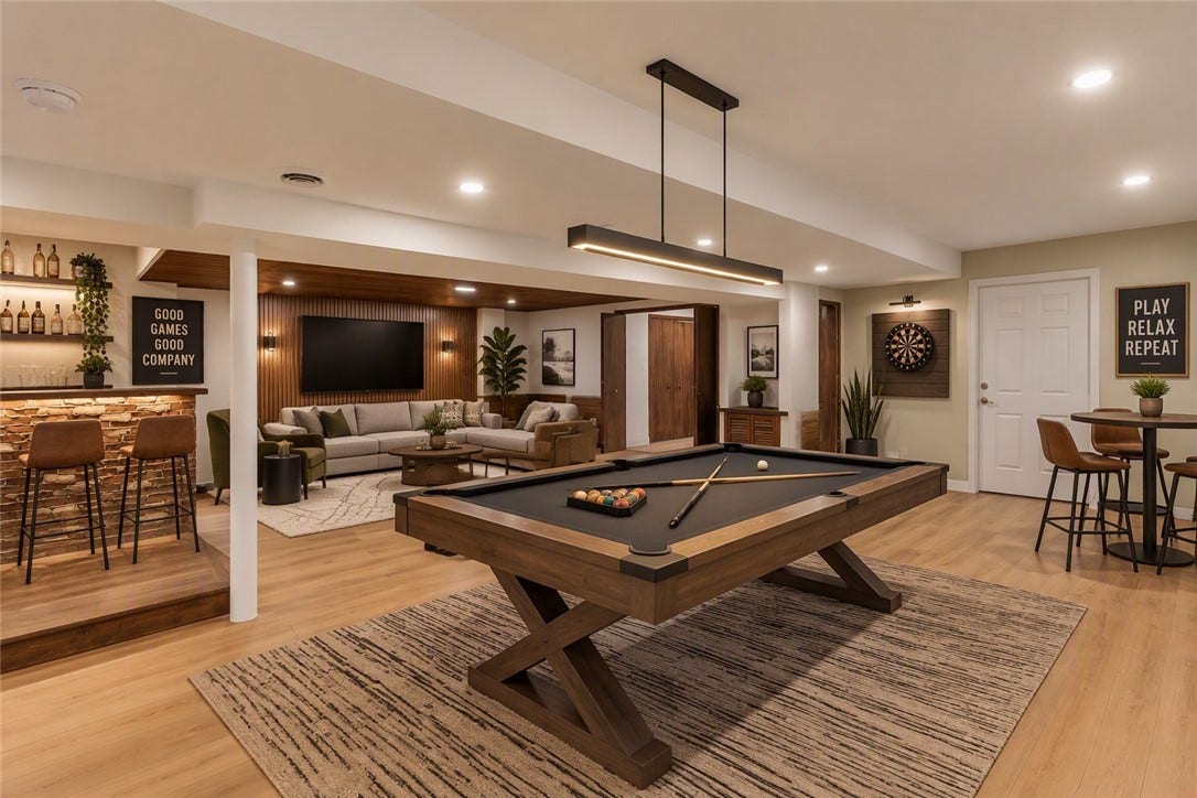 3909 Glencoe Court, Murrysville, PA 15668 Virtually Staged 27x23 Lower Level finished game room with raised bar area beautiful wood trims and ceiling.