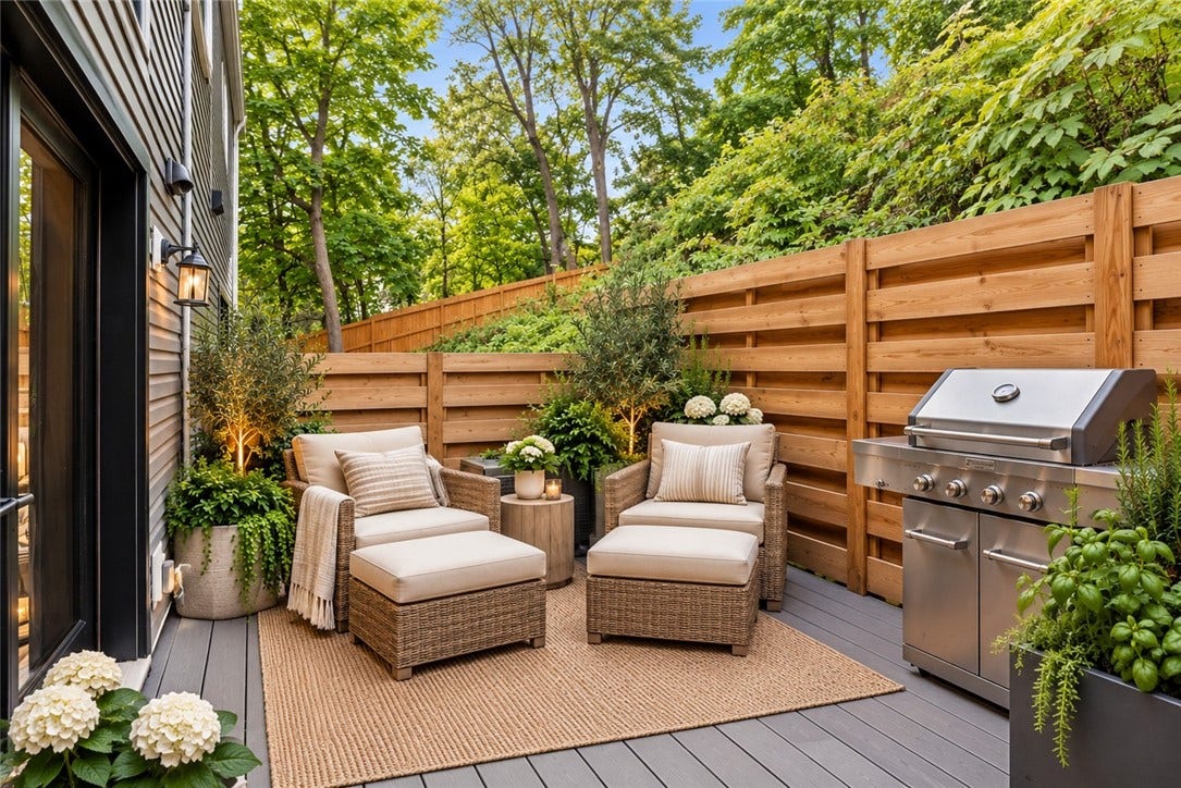 240 E Jefferson, Pittsburgh, PA 15212 VIRTUALLY STAGED-Private deck located just off the dining area, featuring low-maintenance composite decking and wood privacy fencing. This outdoor space offers room for grilling, seating, and a hot tub, creating a versatile extension of the home's main living level.